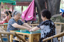 Personnes agées entamant une partie de Mahjong dans un salon de thé